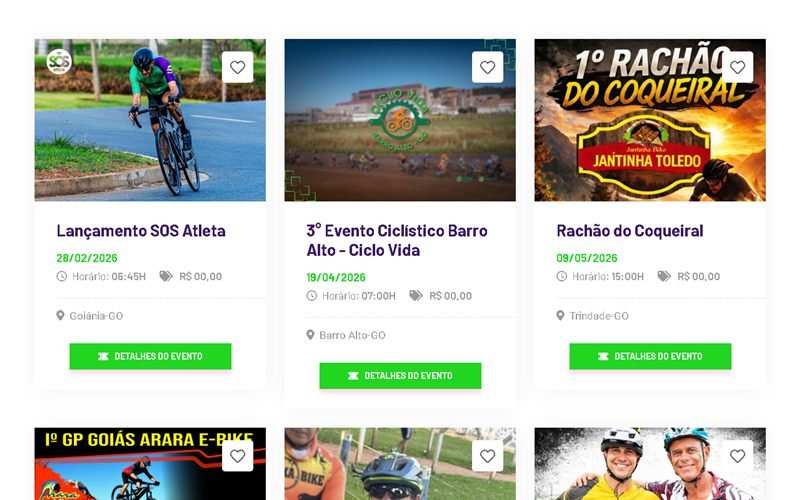 Página de eventos da StudioSports com cards de provas de ciclismo, data, horário e cidade